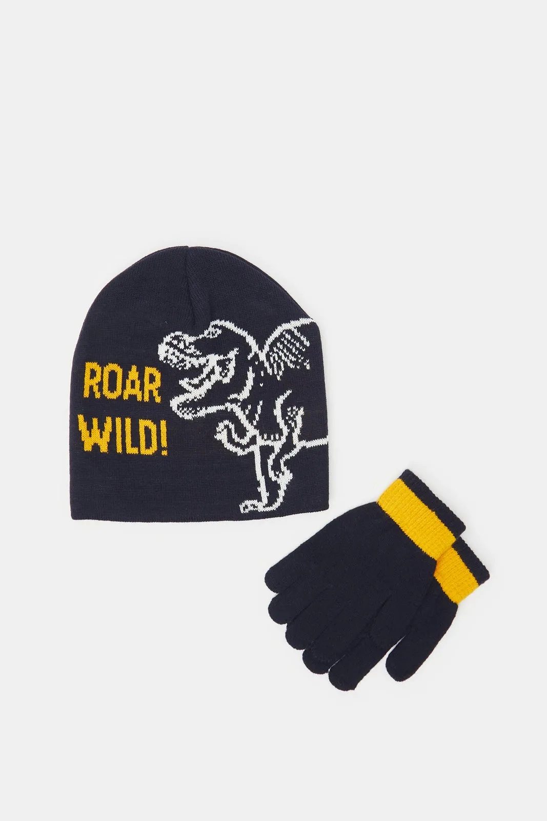 Boys Navy Knitted Cap With Gloves Set (2 Piece)