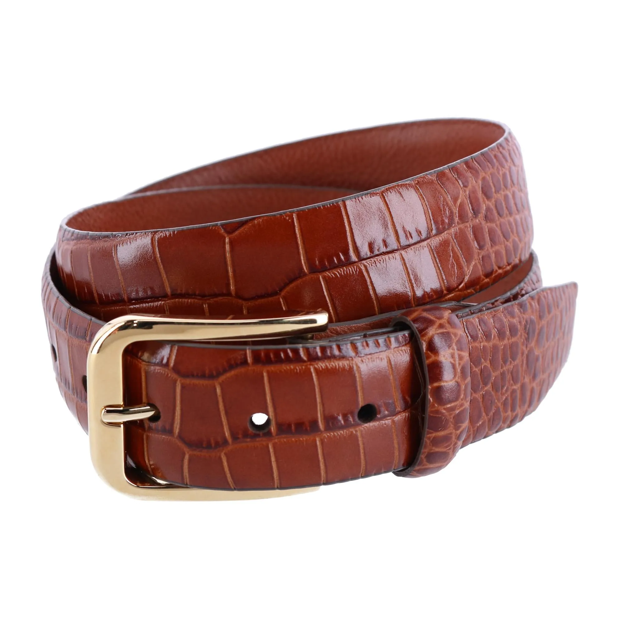 Leather Mock Crocodile Print Belt with Gold Buckle