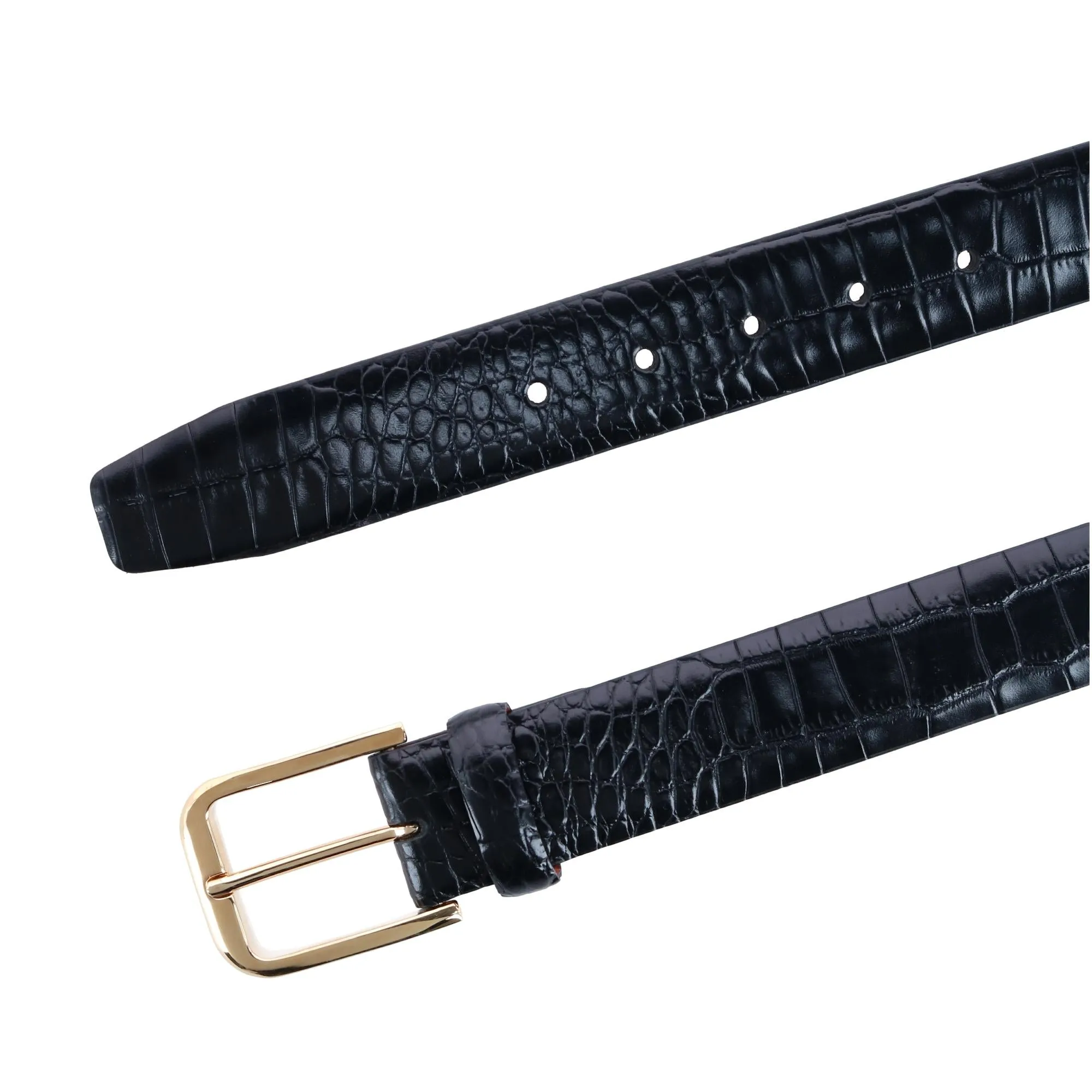 Leather Mock Crocodile Print Belt with Gold Buckle