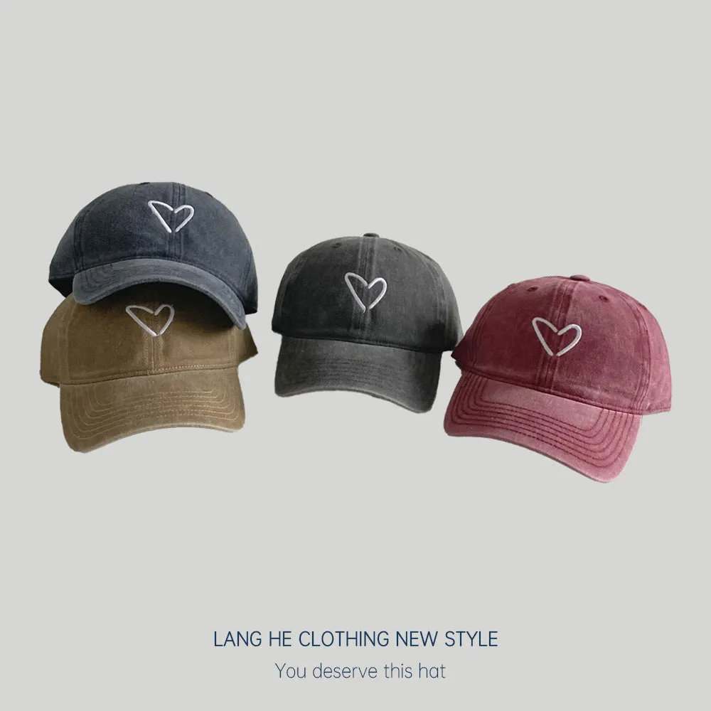 Love embroidered washed baseball cap for women,casual and versatile, summer, spring and autumn face-showing small peaked cap, travel hat