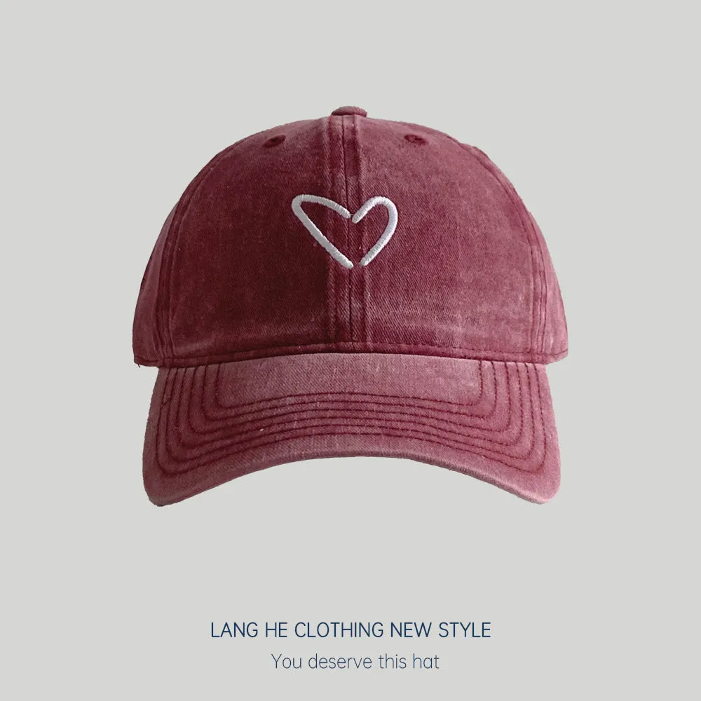 Love embroidered washed baseball cap for women,casual and versatile, summer, spring and autumn face-showing small peaked cap, travel hat