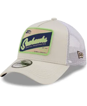 Men's Khaki White Seattle Seahawks Happy Camper A-Frame Trucker 9FORTY Snapback New Era Cap