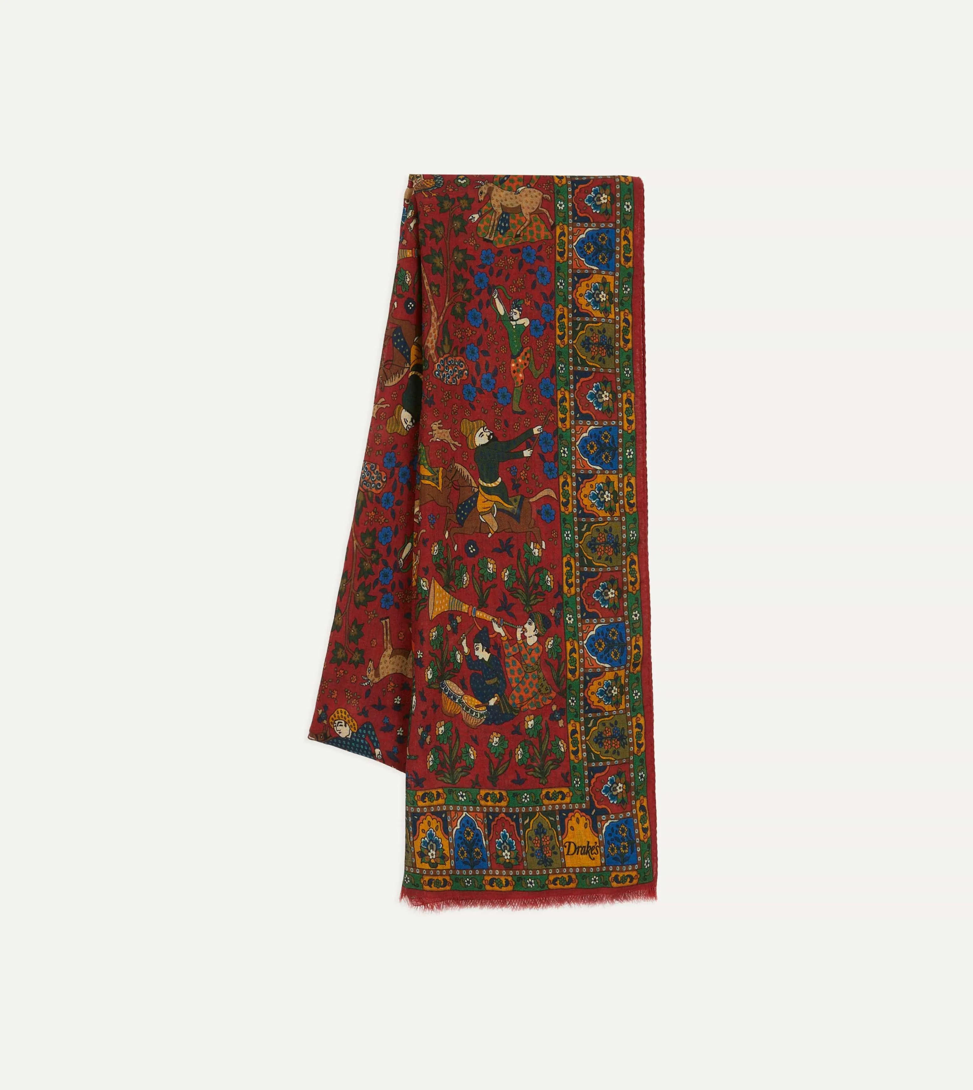 Elegant Red Mughal Art-Inspired Wool-Silk Blend Hunter Print Scarf