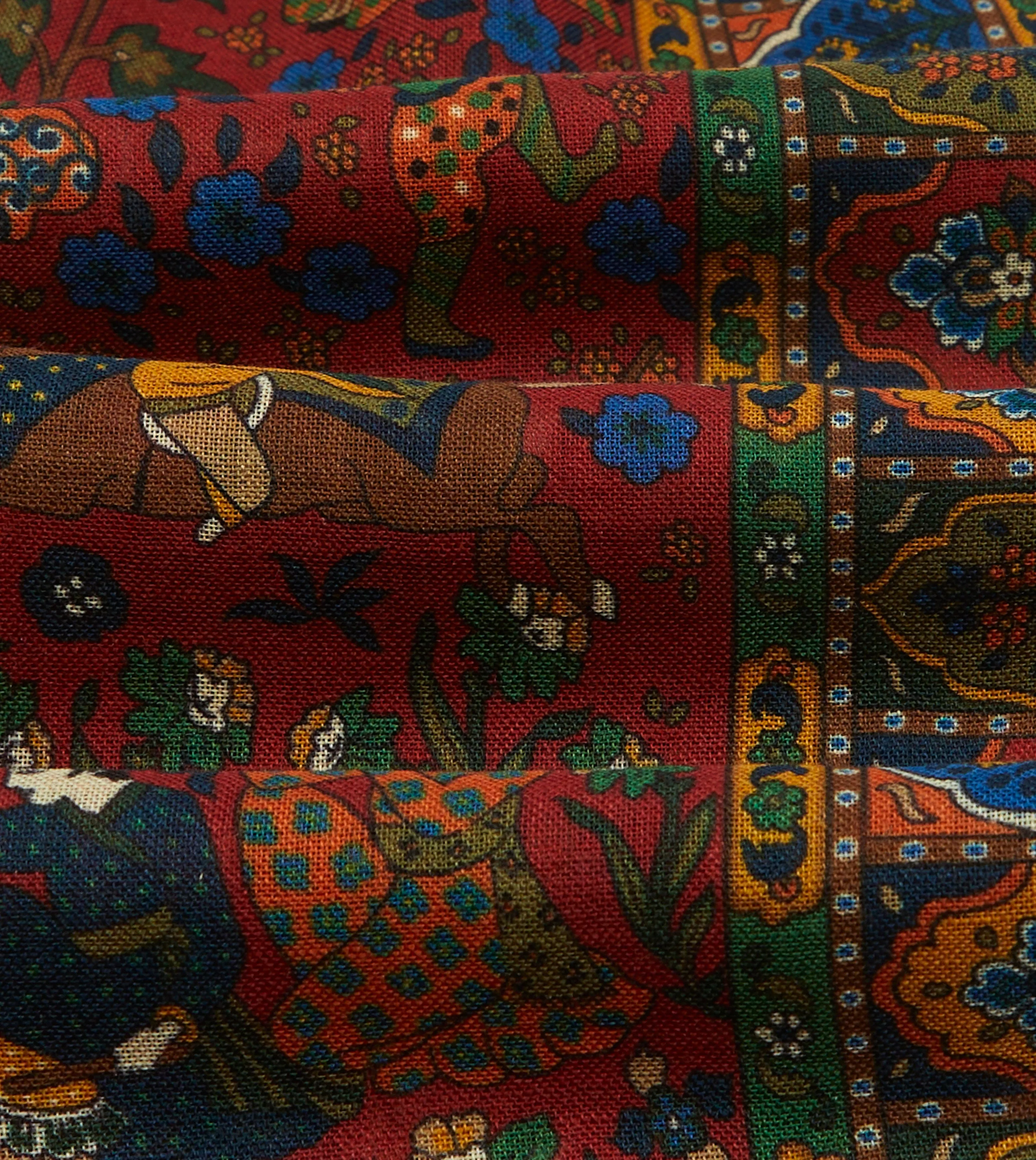 Elegant Red Mughal Art-Inspired Wool-Silk Blend Hunter Print Scarf