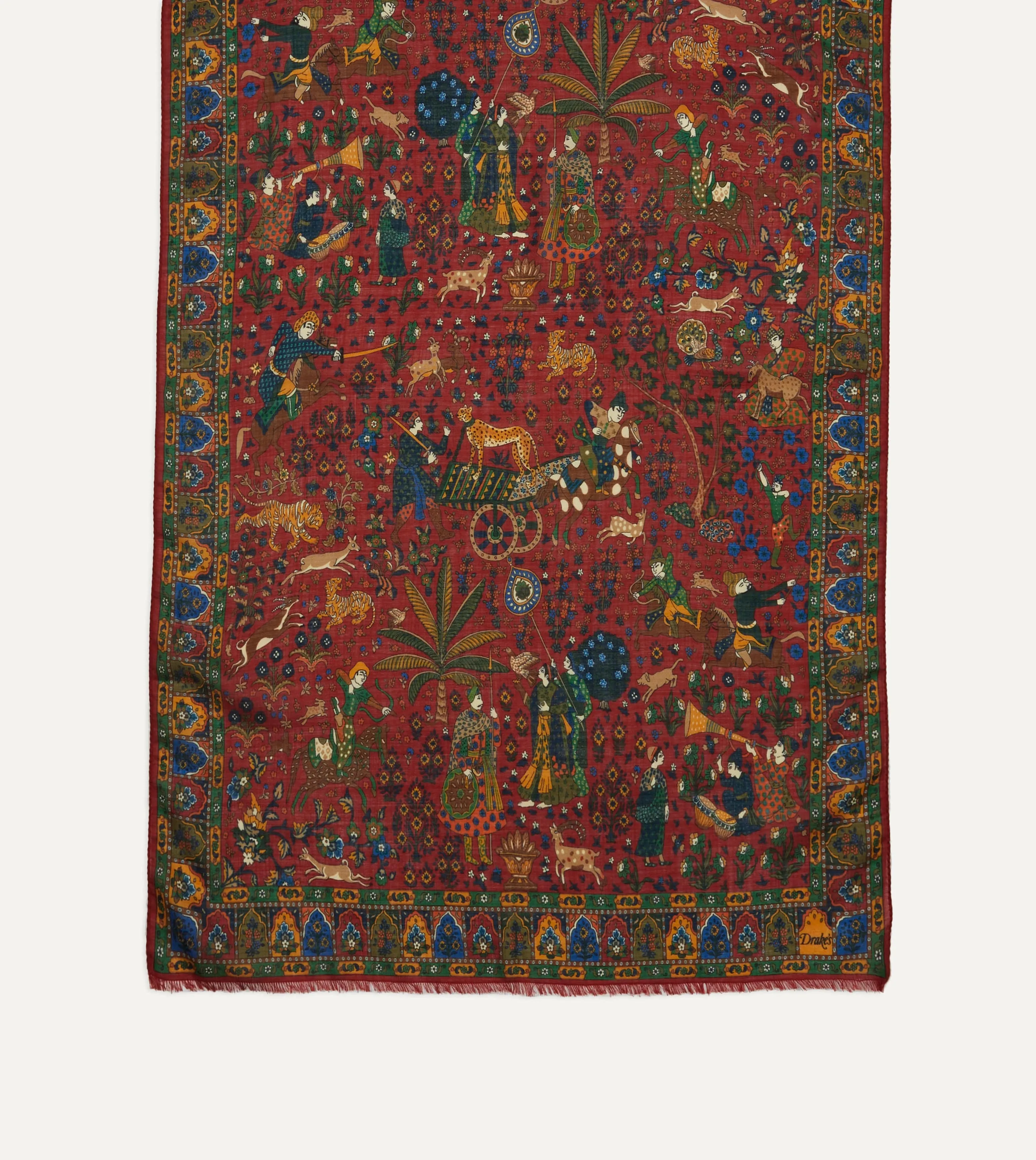 Elegant Red Mughal Art-Inspired Wool-Silk Blend Hunter Print Scarf